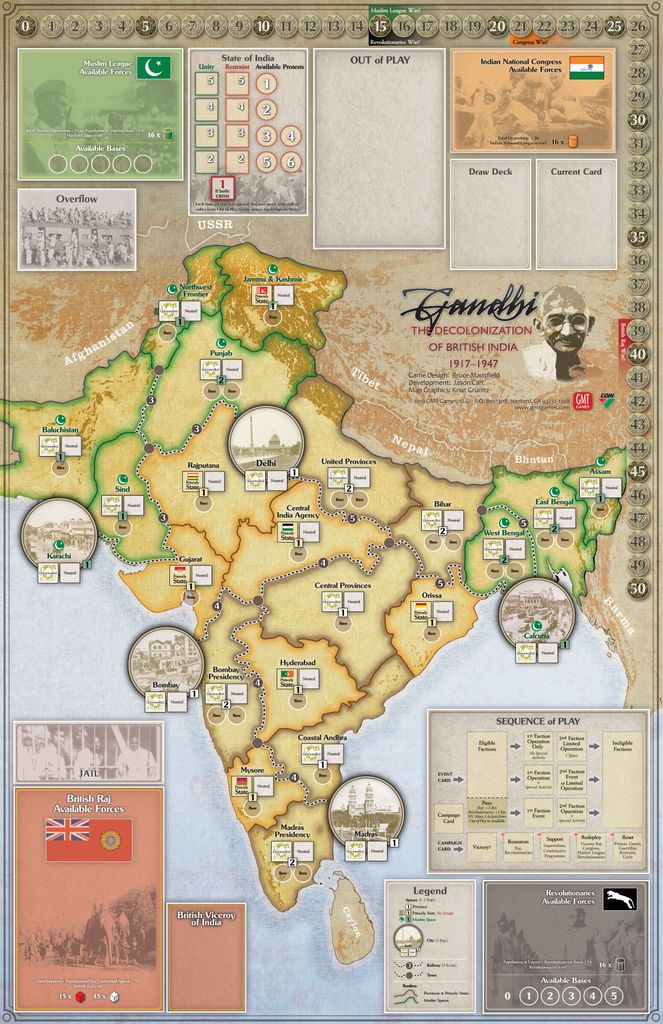 The Gandhi: The Decolonization of British India, 1917–1947 map from GMT Games displays cities, railways, regions, and colonial areas with player aids and sepia images—an ideal addition for COIN Series enthusiasts.