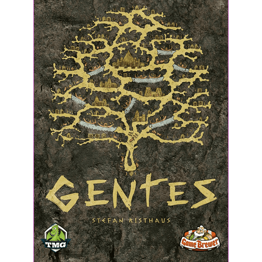 Board game cover for Gentes EN/DE/FR/NL by Game Brewer. A stylized golden tree with cities in its branches illustrates this Mediterranean civilization game's unique timing mechanic. The Game Brewer logo is shown at the bottom.