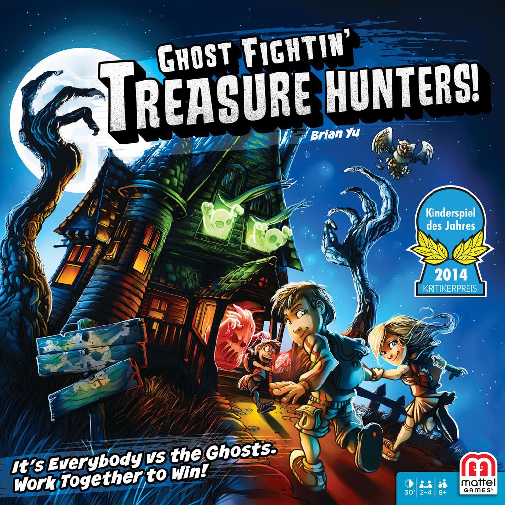 Cover art for Mattel’s Ghost Fightin’ Treasure Hunters! shows cartoon kids with flashlights facing green ghosts at a spooky house. Text spotlights teamwork in this cooperative board game, with a 2014 game award seal shown.