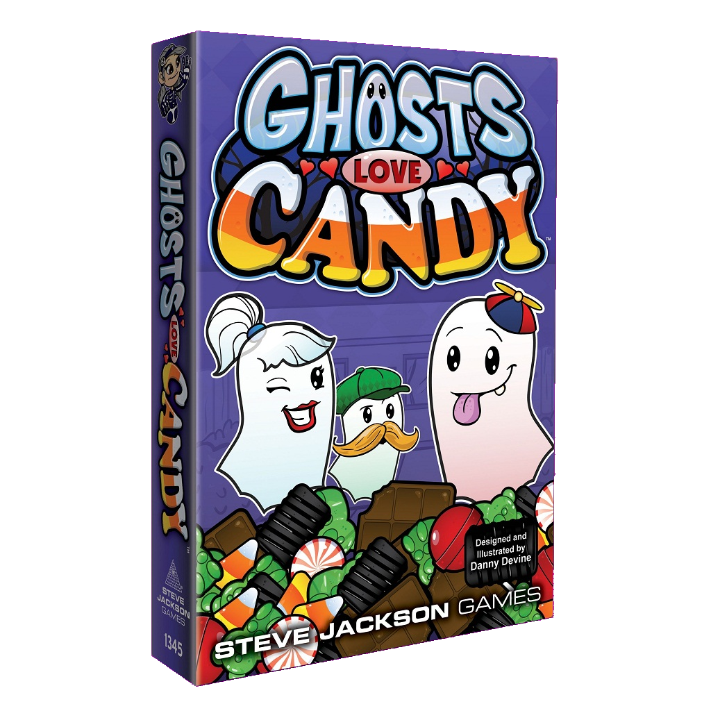 Box cover for Ghosts Love Candy by Steve Jackson Games, showing cute cartoon ghosts and playful Trick-or-Treaters with colorful candies and joyful faces.