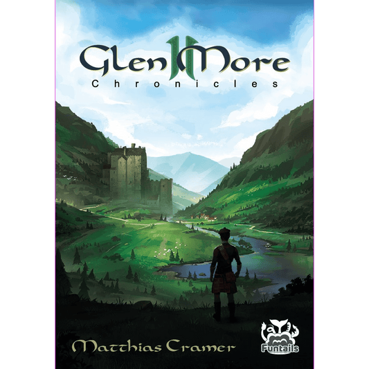 The cover of "Glen More II: Chronicles EN / DE" by Funtails features a kilted man overlooking a green valley with a winding river, sheep, and distant castle, reflecting Scotland’s whisky-making heritage.