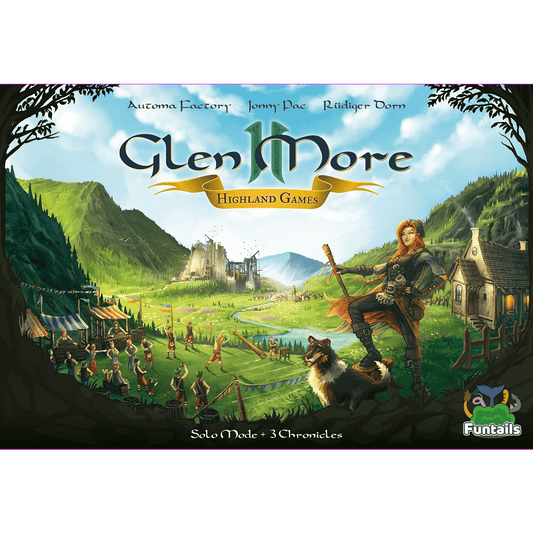 Box cover for Glen More II Highland Games Expansion EN / DE by Funtails, featuring a scenic green valley, mountains, village, castle, people in Scottish celebration, a woman with a sword and a dog. The logo and Funtails branding are displayed.