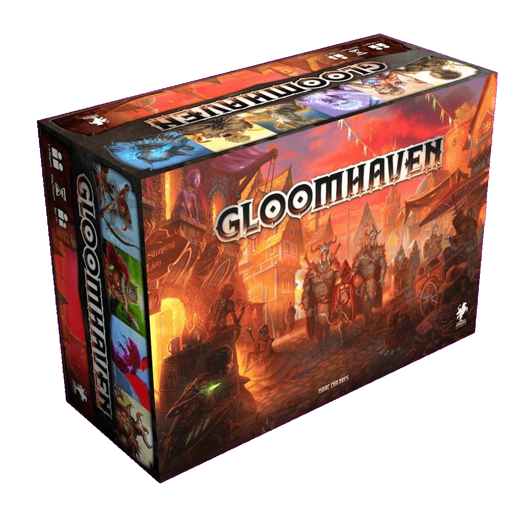 The image displays the box of Gloomhaven by Cephalofair Games, a cooperative adventure game featuring fantasy artwork with adventurers in a medieval city and the title "Gloomhaven" prominently at the top.