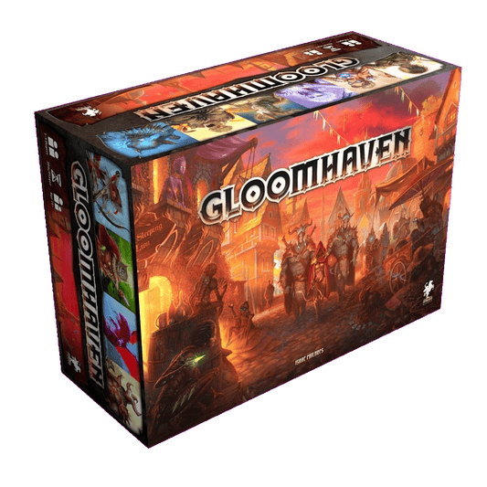 The image displays the box of Gloomhaven by Cephalofair Games, a cooperative adventure game featuring fantasy artwork with adventurers in a medieval city and the title "Gloomhaven" prominently at the top.