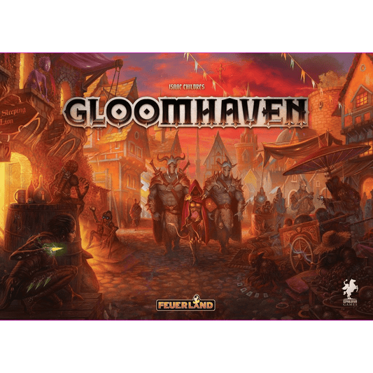 The cover of Gloomhaven DE by Feuerland Spiele shows armored figures in a bustling medieval fantasy town at sunset, with orange-red lighting and detailed buildings in the background.