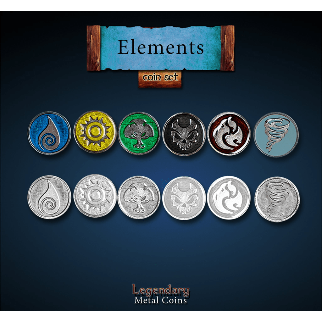 Drawlab Entertainment’s Gloomhaven Elements Pack includes 12 engraved metal tokens, featuring water, earth, wind, fire, and other nature themes—perfect for tabletop games. Top-row coins are colored and all are arranged on a dark background.