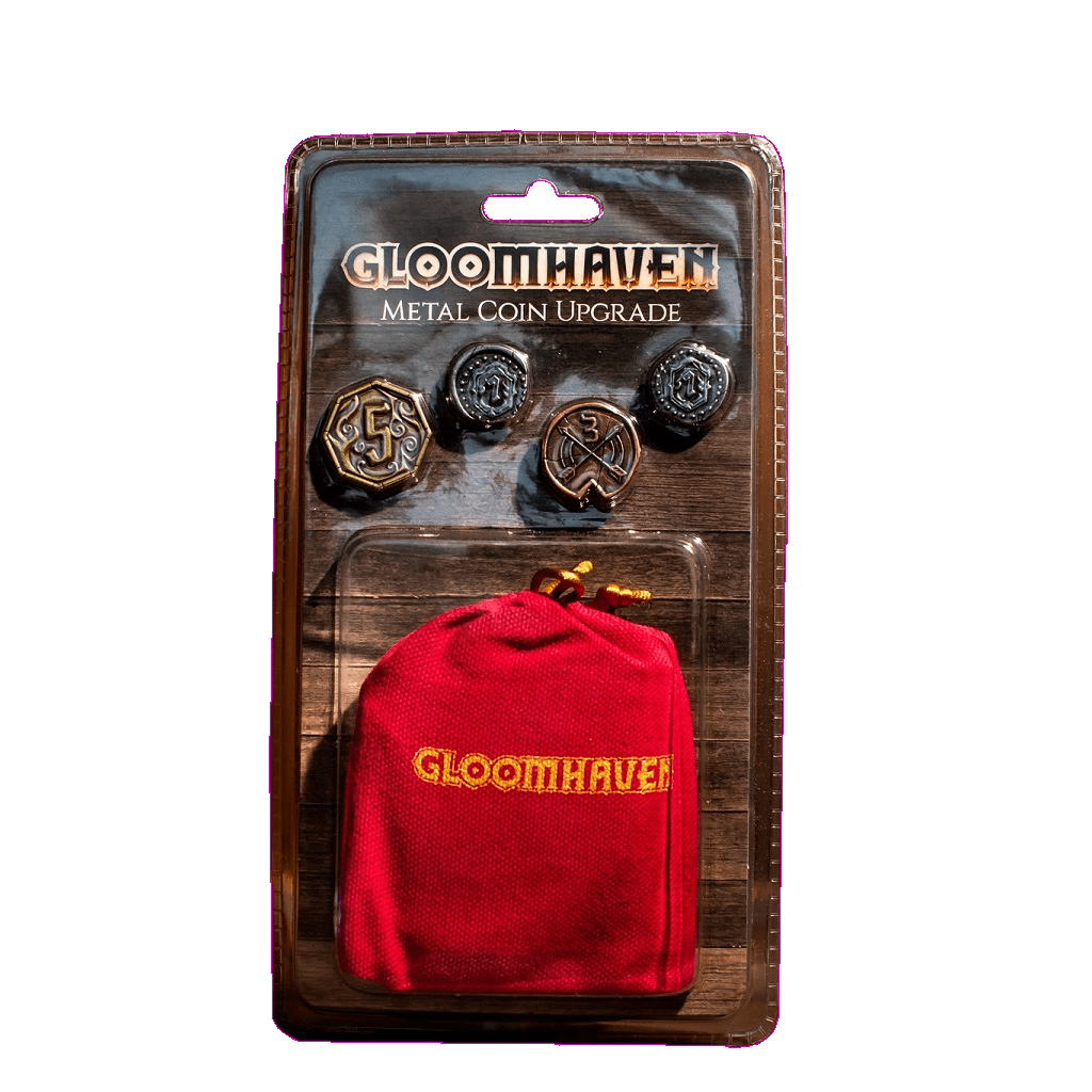 Cephalofair Games’ Gloomhaven: Metal Coin Upgrade set includes three detailed metal coins and a red “Gloomhaven” pouch, packaged attractively and shown on a wooden background.