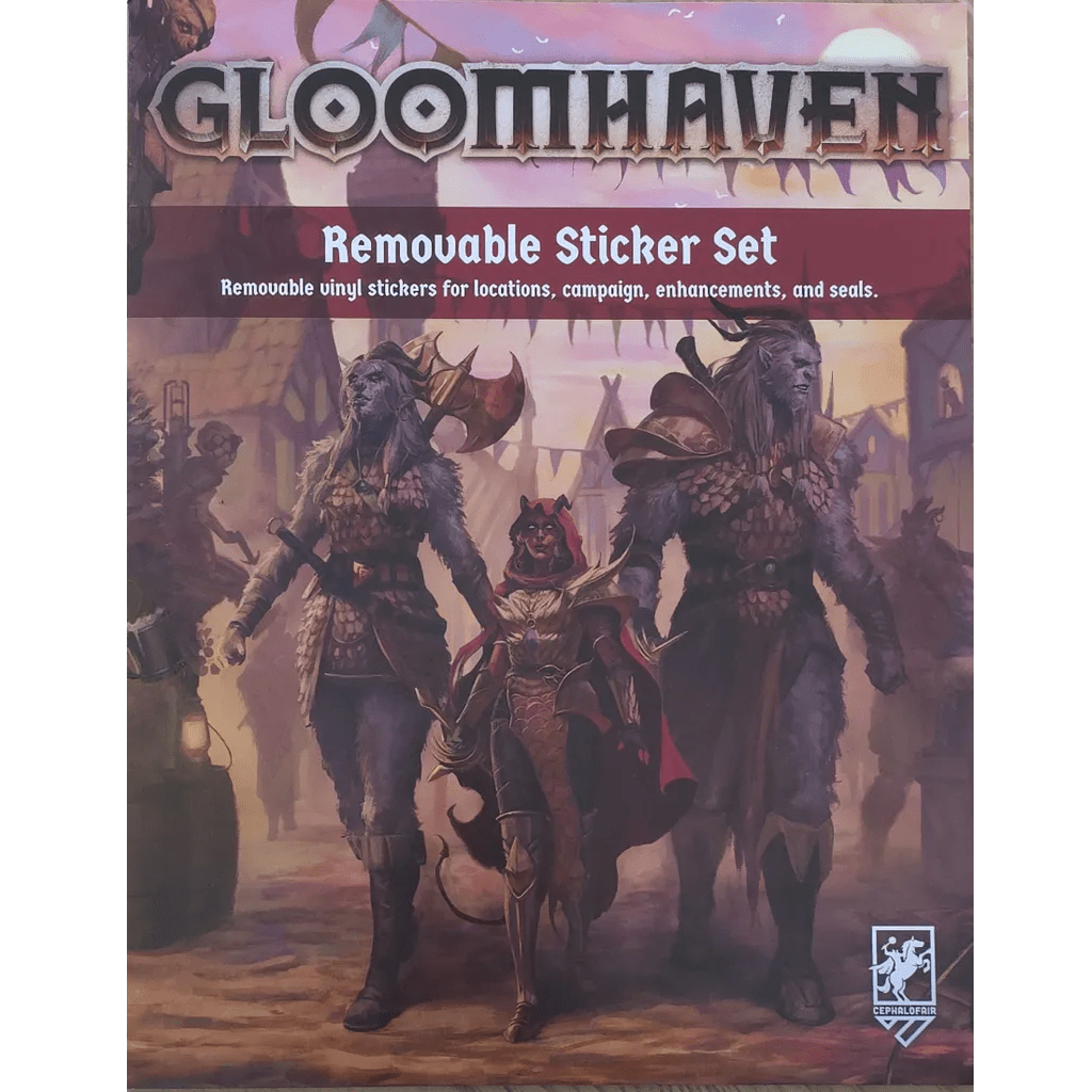 Box cover for Gloomhaven: Removable Sticker Set (Second Edition), showing three armored fantasy characters in a medieval city, with bold lettering and highlighting the set’s high-quality removable stickers.