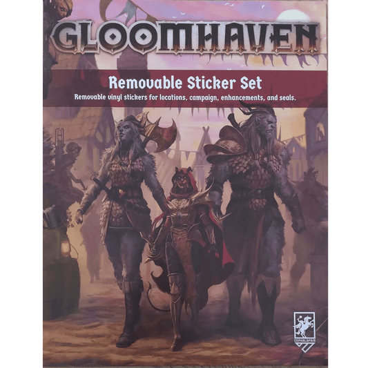 Box cover for Gloomhaven: Removable Sticker Set (Second Edition), showing three armored fantasy characters in a medieval city, with bold lettering and highlighting the set’s high-quality removable stickers.