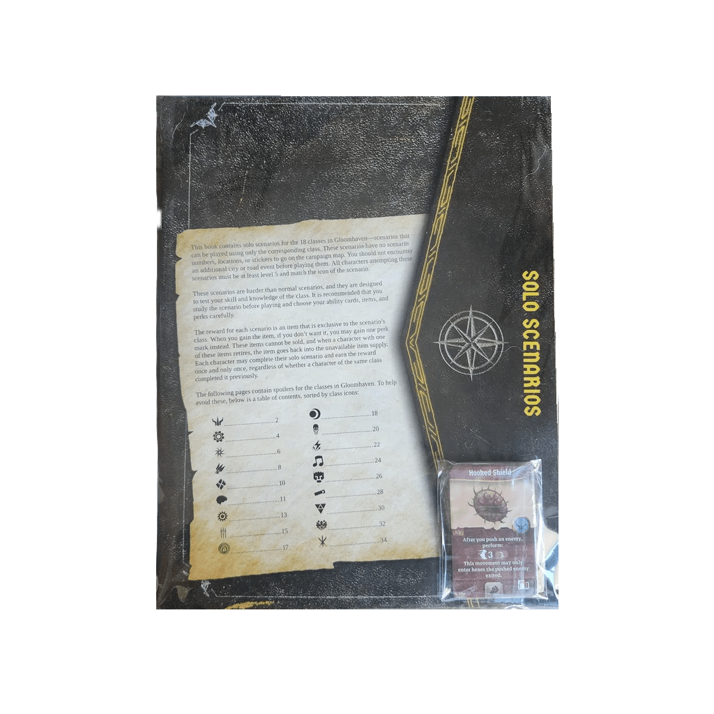 A sealed Gloomhaven: Solo Scenarios Expansion (Second Edition) pack includes a booklet with compass art and text, plus a small card deck—ideal for mastering every class via unique solo challenges.