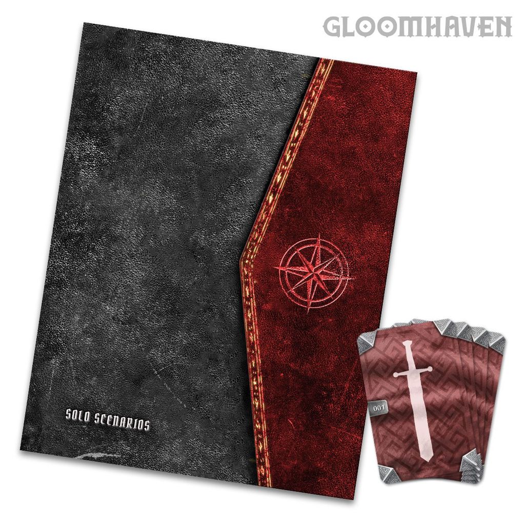 The Gloomhaven: Solo Scenarios Expansion by Cephalofair Games features a textured black and red booklet with a compass design and cards displaying white swords—an ideal addition to enhance your solo adventure experience.