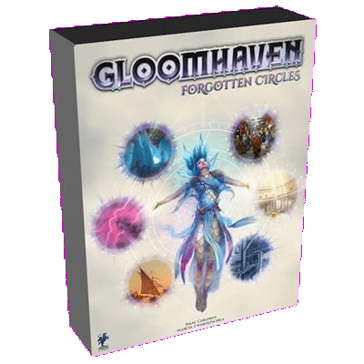The image shows the box for Gloomhaven: Forgotten Circles by Cephalofair Games, an expansion featuring a new character class and a central blue figure surrounded by five colorful circles depicting fantasy scenes.
