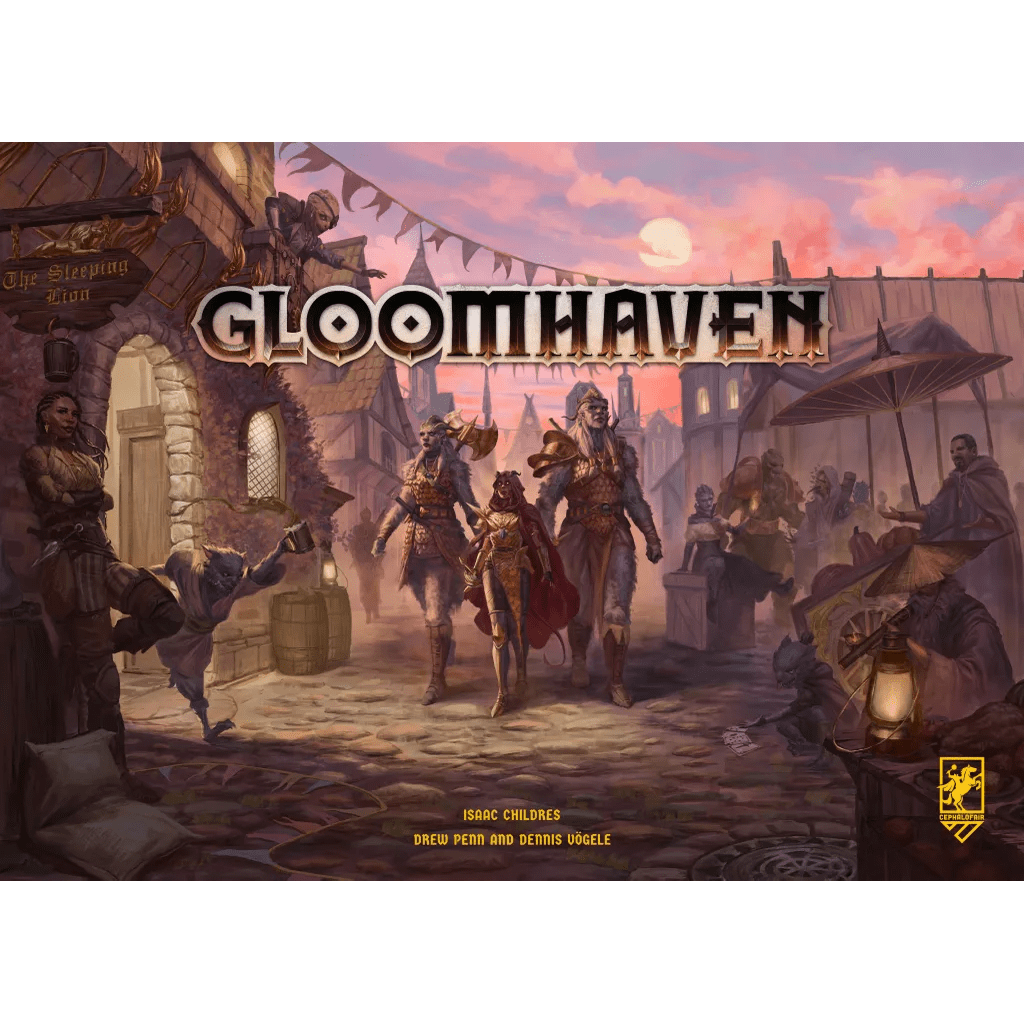 Three armored adventurers stride through a lively medieval market at sunset, surrounded by townsfolk and stalls. Above them, "Gloomhaven (Second Edition)" by Cephalofair Games is boldly displayed, highlighting the updated core board game.
