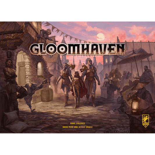 Three armored adventurers stride through a lively medieval market at sunset, surrounded by townsfolk and stalls. Above them, "Gloomhaven (Second Edition)" by Cephalofair Games is boldly displayed, highlighting the updated core board game.