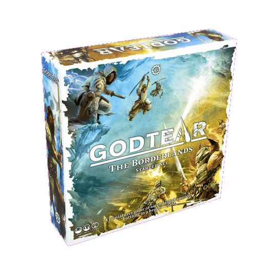 A box for Steamforged Games' Godtear: The Borderlands Starter Set, showcasing fantasy warriors, vivid battle artwork with swords and lighting effects, plus essential game details on the front.