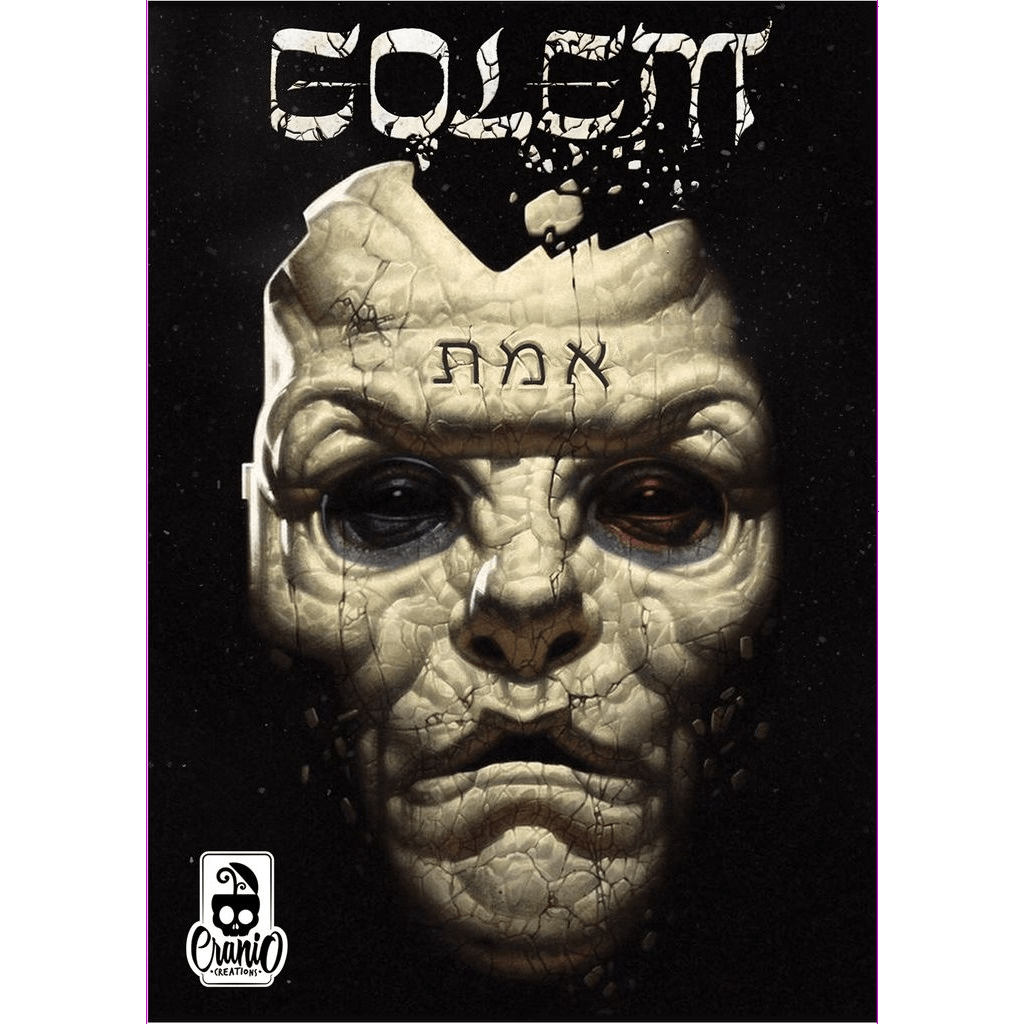 A cracked stone face with glowing eyes and Hebrew letters on its forehead, inspired by the Golem of Prague, appears against a dark background. "Golem EN / IT" is at the top in distressed text, with the Cranio Creations logo in the corner.