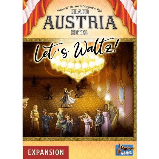 The illustrated cover for Mayfair Games' Grand Austria Hotel: Let's Waltz! Expansion shows elegantly dressed dancers in a grand ballroom under a chandelier, with red curtains and "EXPANSION" labeled at the bottom.