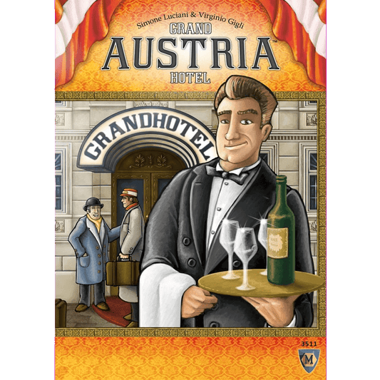 The cover art for Grand Austria Hotel by Mayfair Games features a smiling waiter with wine and glasses on a tray, welcoming two guests with suitcases at the hotel entrance.