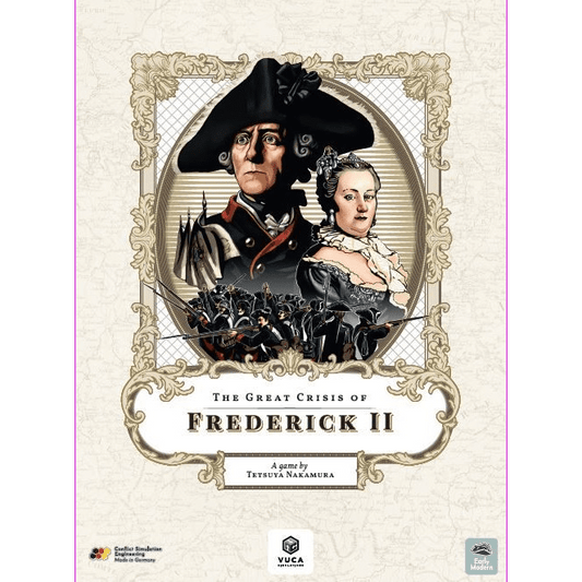 Board game cover art for Great Crisis of Frederic II by VUCA Simulations, a 7 Years' War strategy game, shows Frederick II in uniform and a woman in period dress, with soldiers and cannons amid ornate decoration.