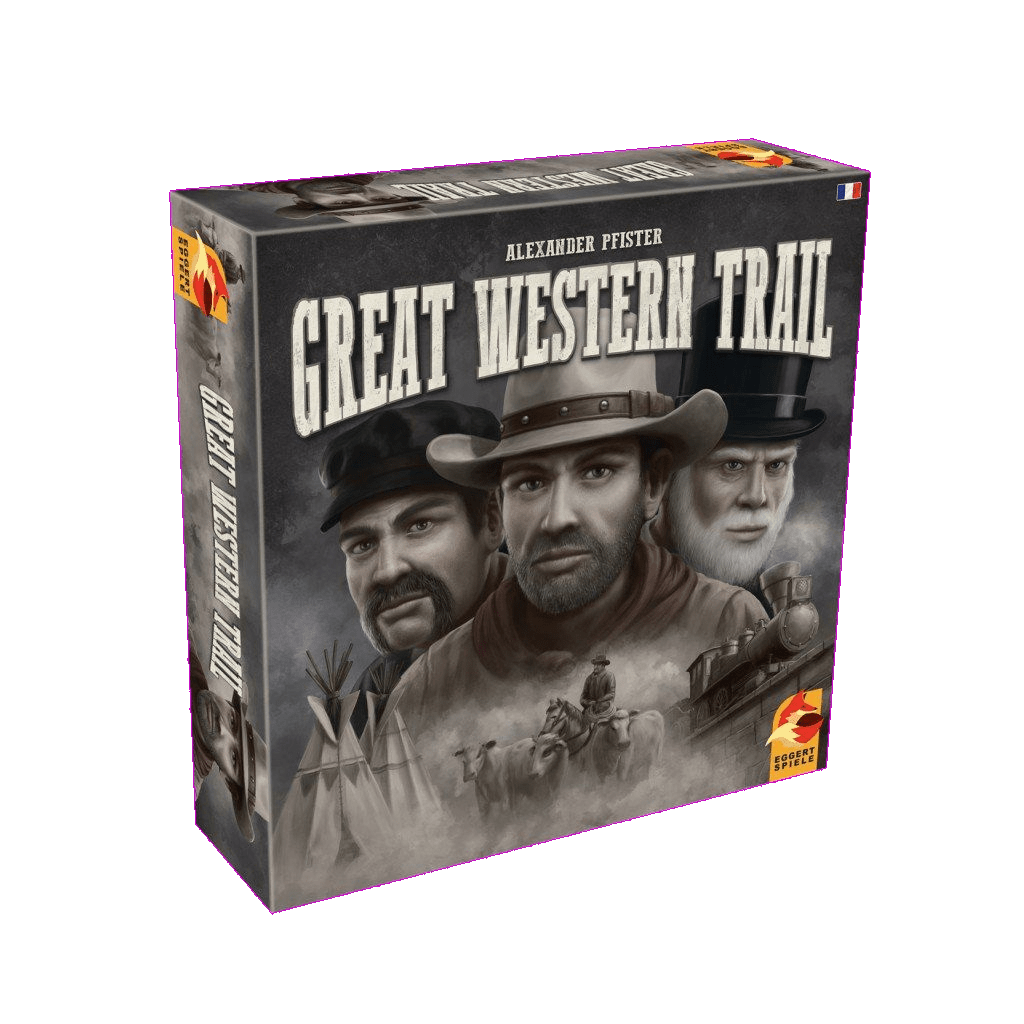 The Great Western Trail - FR box by Eggert Spiele shows three men in Western attire on the cover, with a train, horses, and teepees in the background. The designer, Alexander Pfister’s name appears at the top.