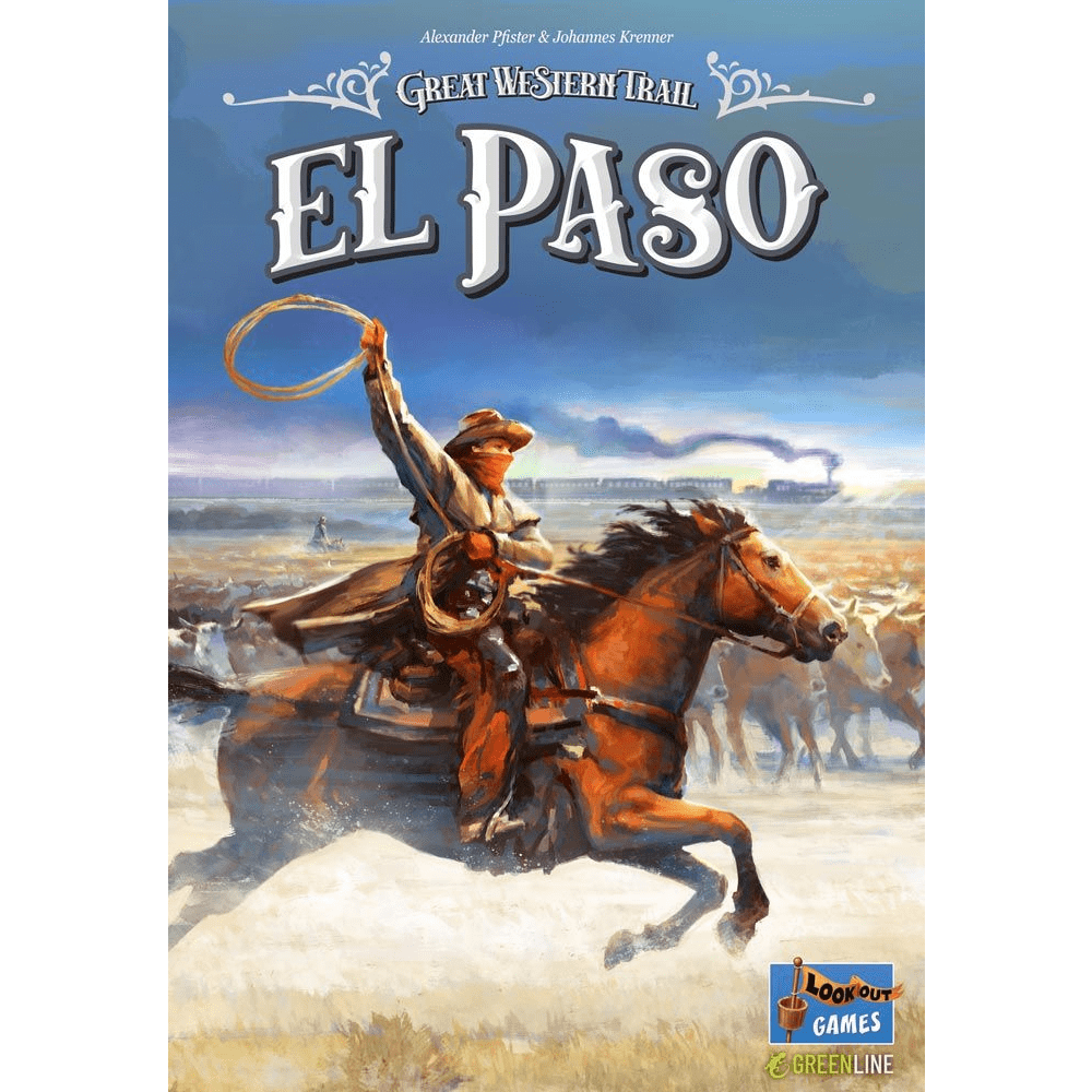 A cowboy on horseback swings a lasso during a cattle drive across the plain, with "Great Western Trail: El Paso" at the top and the Lookout Games logo at the bottom.