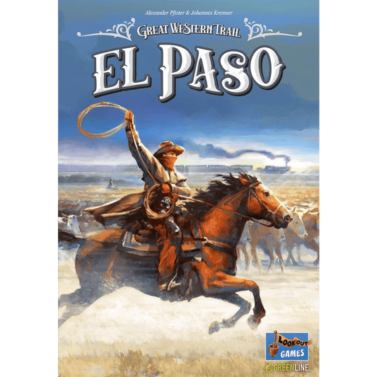 A cowboy on horseback swings a lasso during a cattle drive across the plain, with "Great Western Trail: El Paso" at the top and the Lookout Games logo at the bottom.