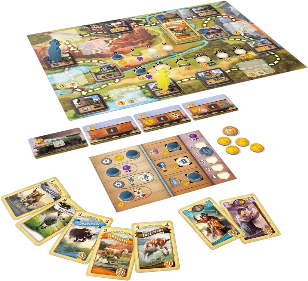A vibrant Great Western Trail: El Paso game by Lookout Games, featuring a main board, player pieces, animal and people cards, tokens, coins, and player boards—ideal for fans of strategic cattle trading.