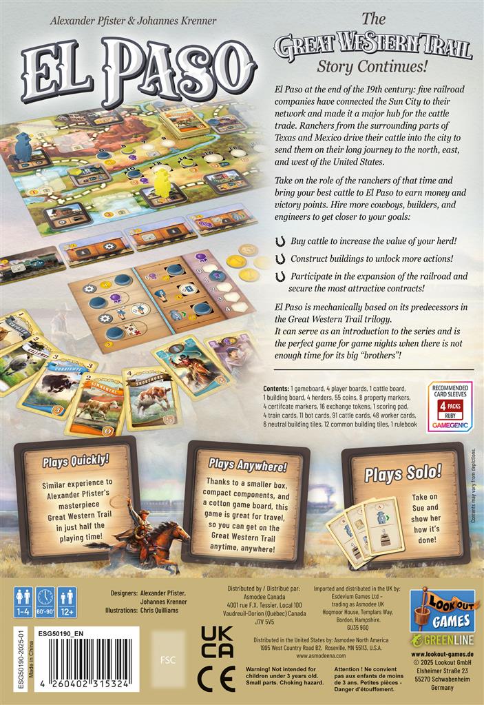 Back cover of Great Western Trail: El Paso by Lookout Games shows tokens, cards, and pieces on a western-themed backdrop. Text highlights exciting cattle trade for solo or multiplayer. Publisher logos and summary complete the display.