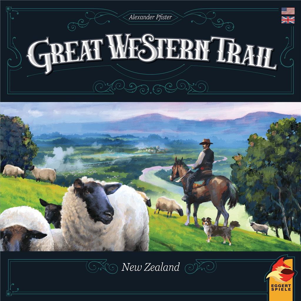 The box cover of Great Western Trail: New Zealand by Eggert Spiele shows a shepherd on horseback at a lively sheep station, with sheep grazing on green hills and a scenic river landscape in the background.