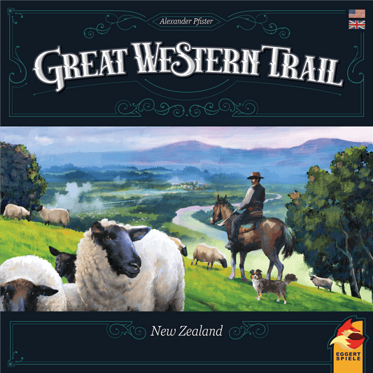 The box cover of Great Western Trail: New Zealand by Eggert Spiele shows a shepherd on horseback at a lively sheep station, with sheep grazing on green hills and a scenic river landscape in the background.