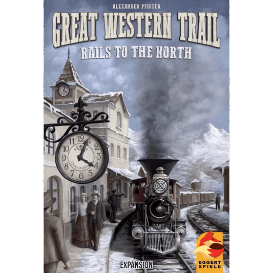A vintage train nears a snowy station with a large clock, people in 19th-century attire, and buildings. The title “Great Western Trail: Rails to the North Expansion” and Eggert Spiele's logo appear.