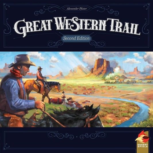 Great Western Trail (Second Edition) board game by Eggert Spiele, featuring cowboys herding cattle across vibrant mesas and open plains beneath a dramatic sky. The bold title appears at the top of the cover.