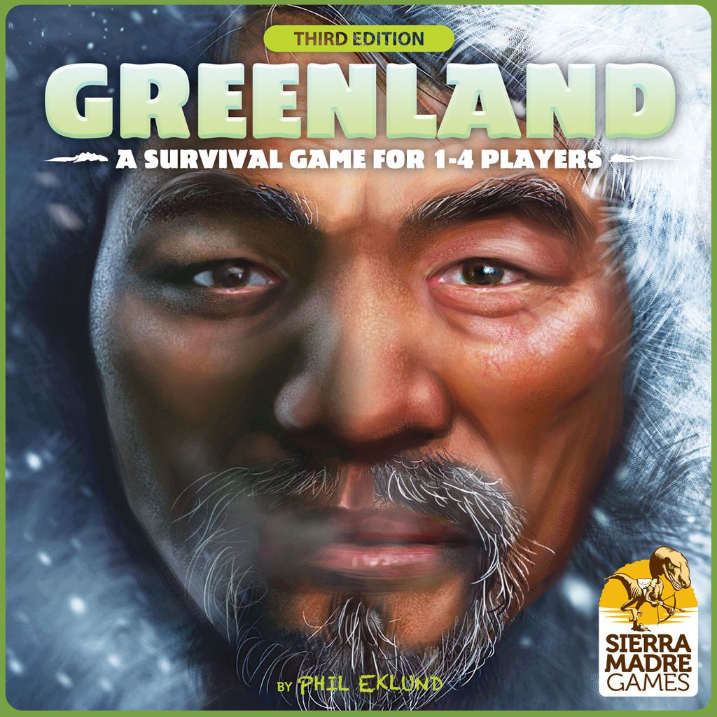 Close-up of a man's frost-covered beard against an icy background. Text: Greenland (Third Edition), a tableau-building game for 1-4 players by Ion Game Design.