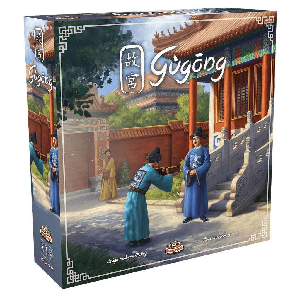 Game Brewer's Gugong board game box features an illustration of two Chinese officials in Ming Dynasty attire, one bowing and offering a scroll outside an ornate palace with stone steps and colorful details.