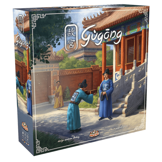 Game Brewer's Gugong board game box features an illustration of two Chinese officials in Ming Dynasty attire, one bowing and offering a scroll outside an ornate palace with stone steps and colorful details.