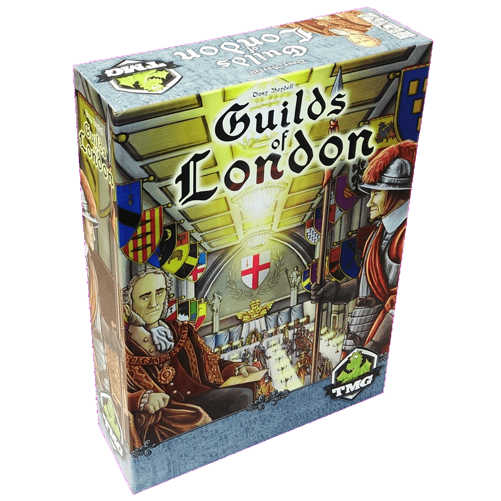 A box for Guilds of London by Tasty Minstrel Games features illustrated historical figures, colorful banners, and the TMG logo at the bottom right, set against a grand hall with a cross flag evoking medieval London.