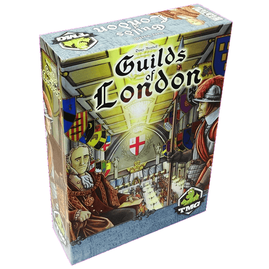 A box for Guilds of London by Tasty Minstrel Games features illustrated historical figures, colorful banners, and the TMG logo at the bottom right, set against a grand hall with a cross flag evoking medieval London.