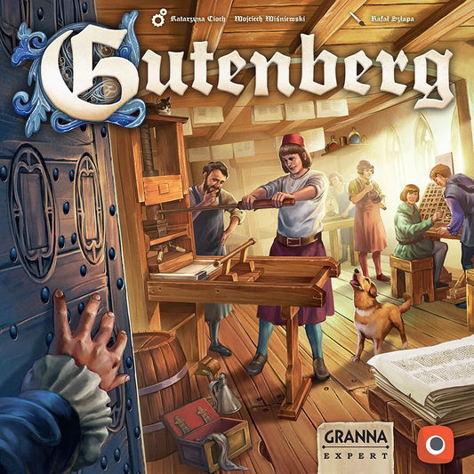 A lively workshop scene features people operating a large printing press with rotating gears, books and papers filling the sunlit room. A dog stands nearby as someone opens a wooden door. The title Gutenberg by Granna appears at the top.