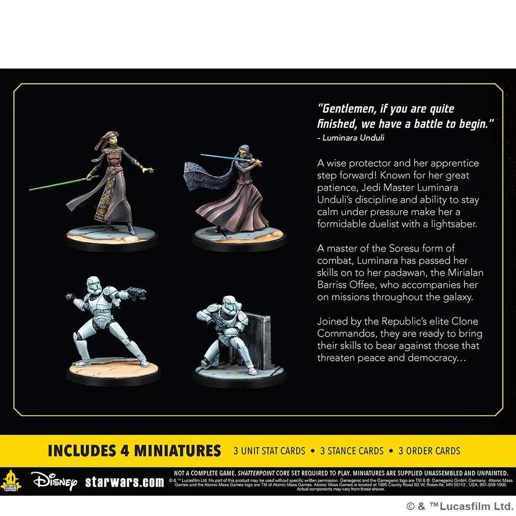 The Star Wars: Shatterpoint – Plans & Preparation Squad Pack by Atomic Mass Games features four painted miniatures—Luminara Unduli, Barriss Offee, and two Clone Commandos—with text detailing their roles. Star Wars and Disney logos appear at the bottom.