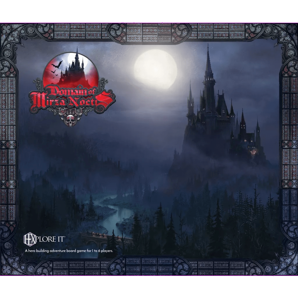 A gothic castle crowns a misty hill beneath a full moon in Krasvetelia, ringed by shadowy forests and a winding river. Ornate patterns frame the image, with HEXplore It: The Domain of Mirza Noctis (Damaged) by Mariucci J. Designs in red text.