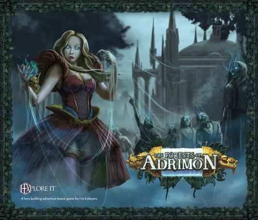 A mystical woman in ornate armor conjures blue magic among spirits and relics near an ancient temple in a misty forest. The text reads HEXplore It: The Forests of Adrimon by Mariucci J. Designs.
