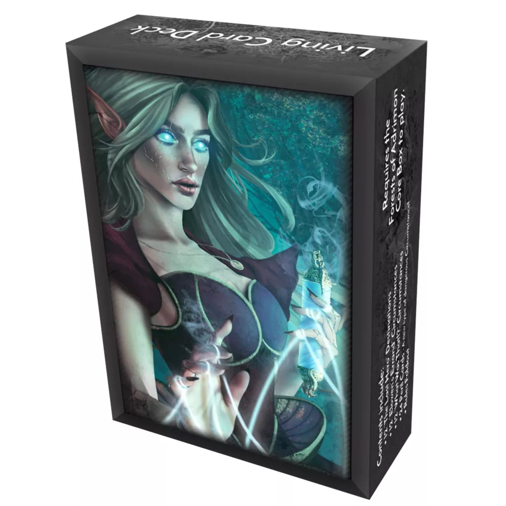 The HEXplore It: The Forests of Adrimon – Living Card Deck by Mariucci J. Designs features fantasy art of a mystical blue-eyed elf woman holding glowing cards and casting magic, with "Living Card Deck" displayed on top.