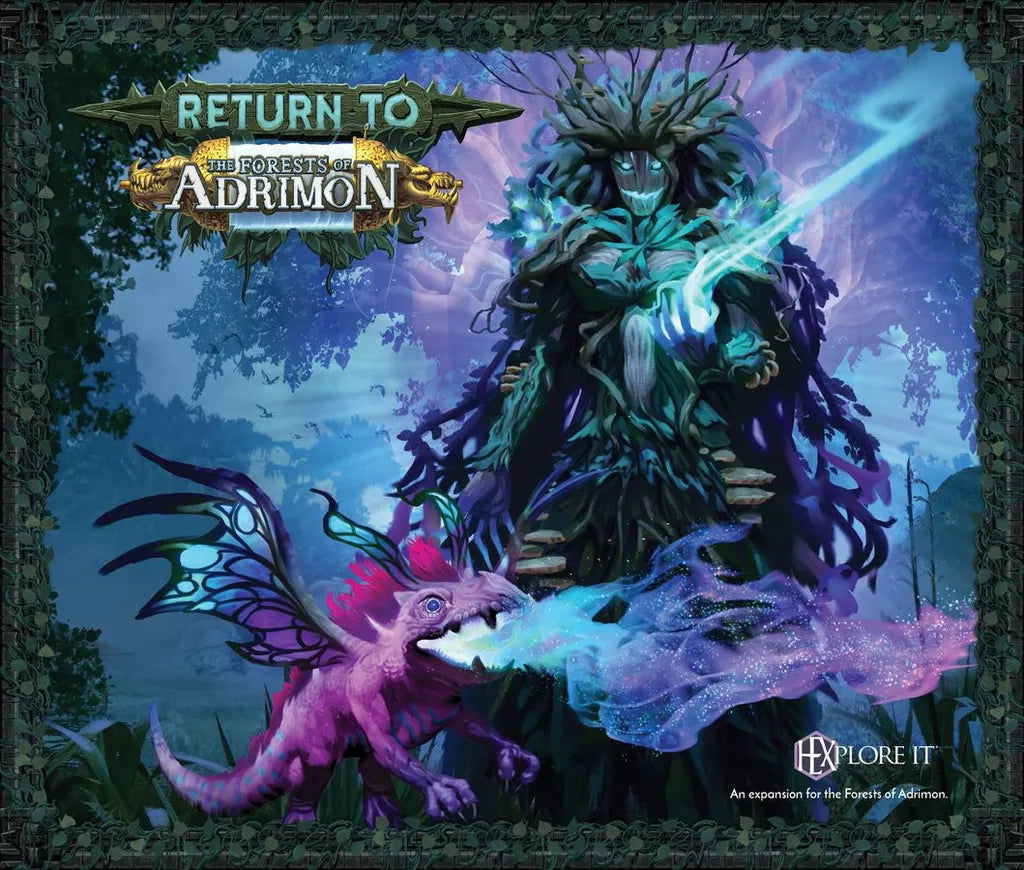 A glowing, leafy-armored spirit casts magic beside a pink dragon in HEXplore It: The Forests of Adrimon – Return to the Forests of Adrimon by Mariucci J. Designs. Text reads: “Return to the Forests of Adrimon” and “Explore It with HEXplore It.”.