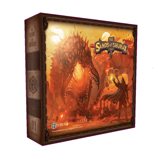 Box for HEXplore It: The Sands of Shurax (Damaged) by Mariucci J. Designs, showing a giant sandworm-like creature and a cloaked figure in a vivid orange-yellow fantasy desert. Part of the acclaimed HEXplore It series.