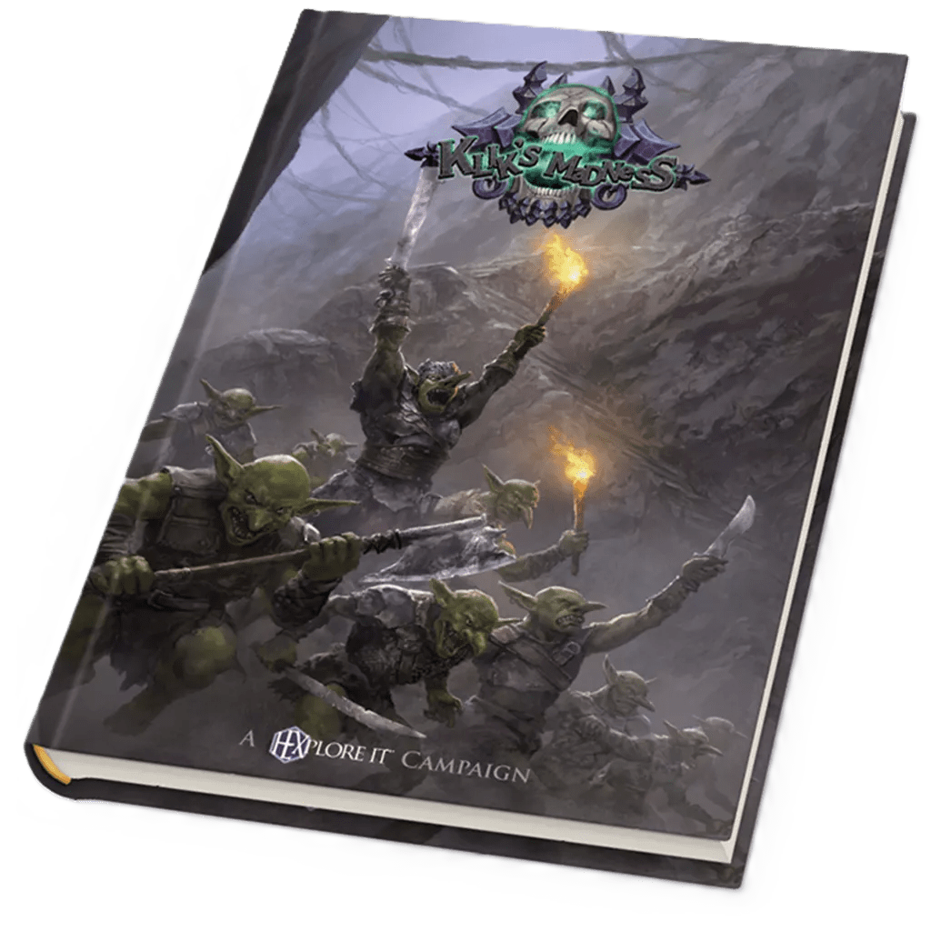HEXplore It: The Valley of the Dead King – Klik's Madness Campaign Book by Mariucci J. Designs features torch-wielding green creatures in a rocky, misty land. Subtitle: A Choose-Your-Own-Path Adventure inspired by narrative-driven board games.