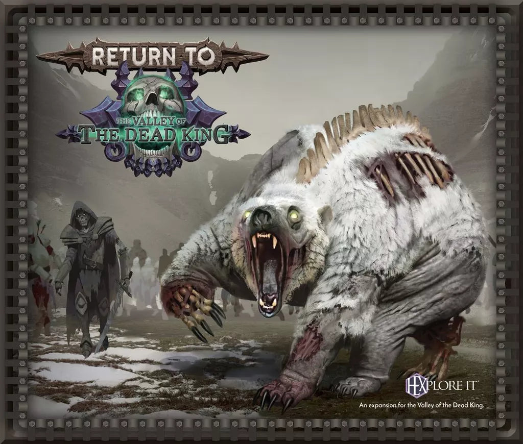 A snarling zombie bear with glowing eyes stands in snow, as a cloaked figure and ghosts loom behind. Text: HEXplore It: The Valley of the Dead King – Return to the Valley of the Dead King, a board game by Mariucci J. Designs.