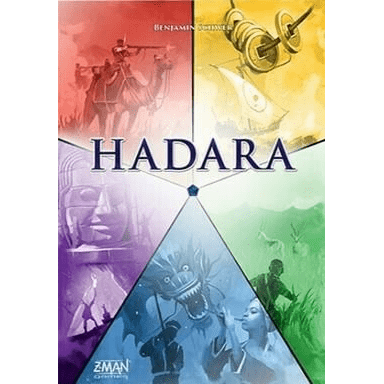 Box cover for Hadara (Version Francaise) by Z-Man Games: a vibrant civilization game with a colorful wheel split into four sections showing a camel, ship, statue, and dragon, plus HADARA in bold blue text at the center.