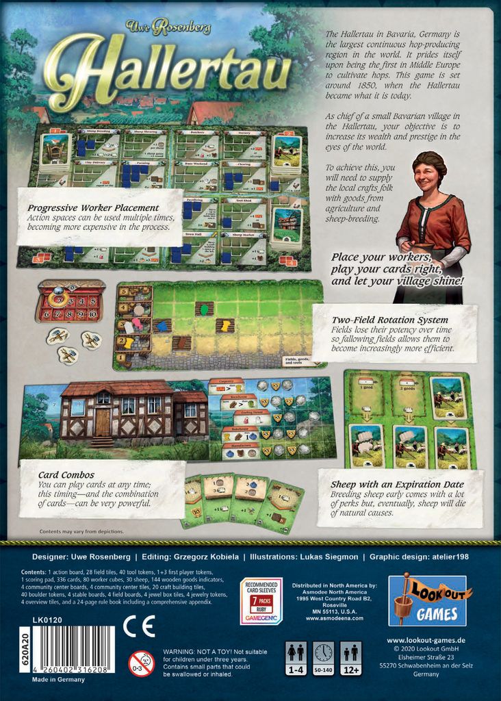 Back of the Hallertau board game box from Lookout Games displays components, cards, tokens, and boards. Text highlights worker placement mechanics, agriculture, sheep breeding, crop rotation, card combos, and objectives. Logos and credits below.