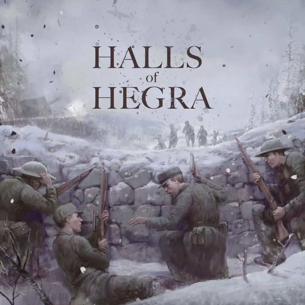 Four soldiers in winter gear crouch in a snowy trench, aiming rifles as figures advance. Above them, bold text reads Halls of Hegra by Tompet Games, capturing the tense wartime mood of this WW2 board game.