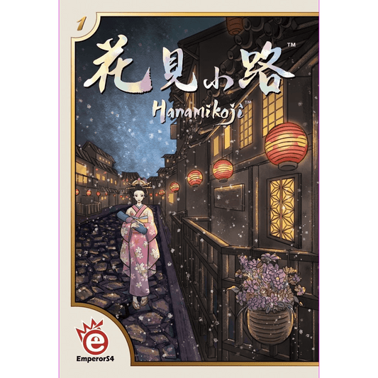 A woman in a pink kimono stands on a snowy cobblestone street with lanterns and traditional buildings. Flowers hang in baskets, and the text reads: Hanamikoji by EmperorS4—an elegant two-player Geisha board game.